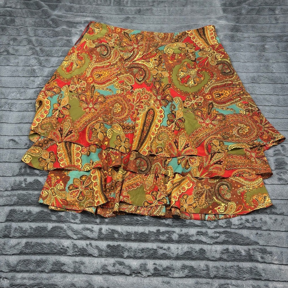Lauren Ralph Lauren Red Green Paisley Tiered Ruffle Mini Skirt Size 16